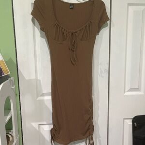 SHEIN Brown Ribbed Bodycon Mini Dress | XS | Ruched Tie Detail